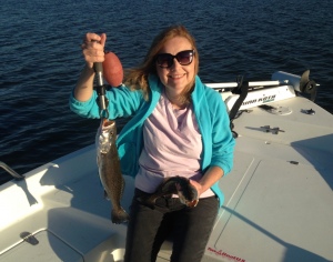 Cathy with a couple nice seatrout caught 1/4 oz. jig and live shrimp.