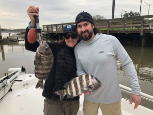 James Rossetti & his wife with a couple of dandy inshore sheepshead caught on purple fiddler crabs on President's Day.