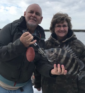 Capt. Jack & Danna Key with a nice inshore sheepshead. Tye & Danna working up some inshore sheepshead.