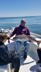 Capt. Jack with a large red drum in his lap that Trevor Gottschalk landed & released. Fish was caught on a bugged out shrimp. Fish was beaten up my a shark during the fight.