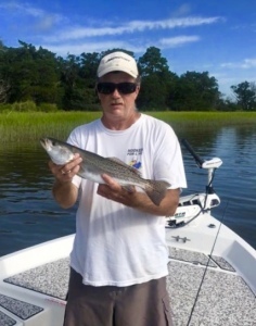 Terry Rittenhouse from Coffee Hill, MO with a nice sea trout. Terry said he Brian Drummond caught enough fish to cover the bottom of boat twice. The guys caught & released of variety of fish mostly sea trout and redfish. These summer days are looking like fall.