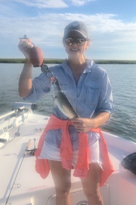 Ginger Sansing with a nice roe sea trout. Ginger caught and released some nice trout.